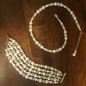 Pair of pearl and crystal necklace and bracelet